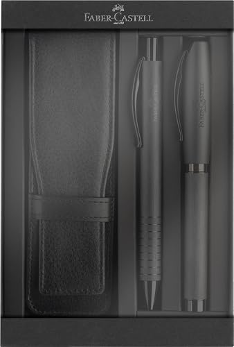 Faber-Castell 202189 - Geschenkset Essentio Aluminium schwarz, mit Füller, Kugelschreiber und Stifteetui, Schreibset edel