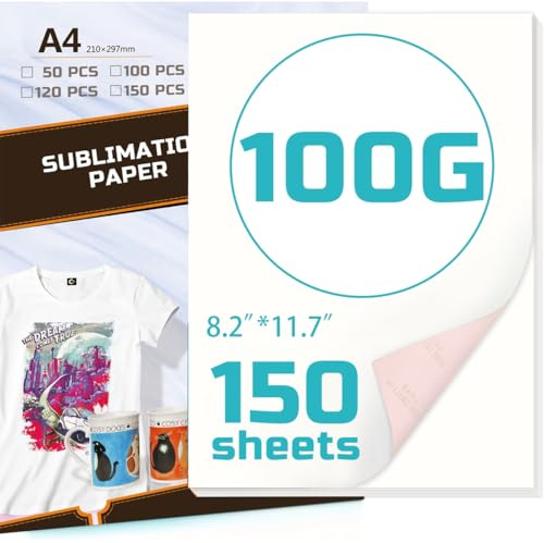 Creatorally Sublimation Paper A4 Size 8.2x11.7 Inch | Quick Dry High Transfer Rate Heat Transfer Paper for Inkjet Printers with Sublimation Ink | For Light Fabric, T-Shirts, Mugs, Tumblers (150, 100g)