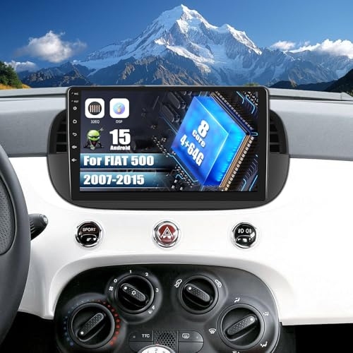 SIXWIN 8 Core 4+64G Android 15 Autoradio per FIAT 500 2007-2015 con CarPlay/Android Auto/DSP, 9 Pollice HD Navigatore GPS WiFi Bluetooth 5.0 USB FM RDS Radio Mirror Link +32 Band EQ(Nero)