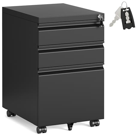 SONGMICS 3 Drawer File Cabinet, Metal Filing Cabinet for Home Office, Steel Construction, 3 Lockable Drawers, Rolling Printer Stand for Office, 39 x 50 x 62 cm, Matte Black OFC033B101