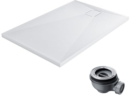 HOROW Weiße Duschwanne Komplettset 120x80 cm, Anti-Rutsch-Steinoptik rutschfest mit Gefälle, Extra Flach für Duschkabine – Einfache Montage inkl. Ablaufgarnitur