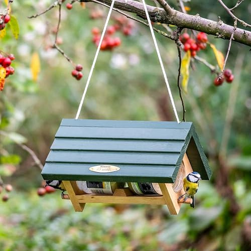 CJ Wildlife Hanging Bird Feeder For Peanut Butter – Wild Bird Feeder – Chalet Style Wood Feeder With Green Roof – Holds Two Peanut Butter Jars – FSC® 100% Sustainable Wood