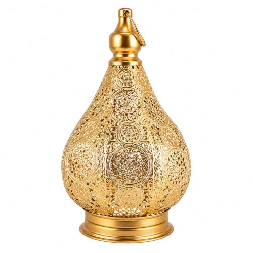 JHY DESIGN Gold Moroccan Battery Operated Lantern, 29.5 cm Warm White Light | Vintage Cut-out Metal Cordless Table Lamp with Fairy Lights for Mood Lighting Living Room Bedroom Ramadan Eid Wedding Decor