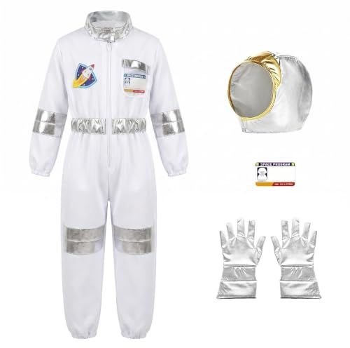 Wuzfully Disfraz Astronauta Niño para Carnaval, Halloween, Colegio Fiestas de Cumpleaños,Traje Espacial de Una Sola Pieza Para Niños con Casco Guantes