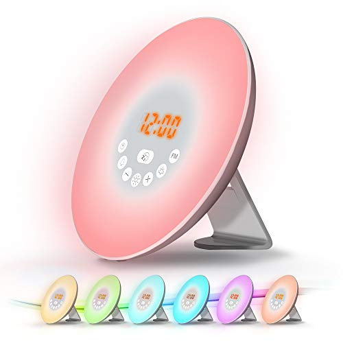 WE Radio Réveil Lumineux Lampe de Chevet Réveil Lumière LED Tactile Contrôle Sunrise, Sunset, Snooze, 6 Sons Naturels, 7 Couleurs, 10 Niveaux de Luminosité pour Bébé Enfant Adult avec Adaptateur