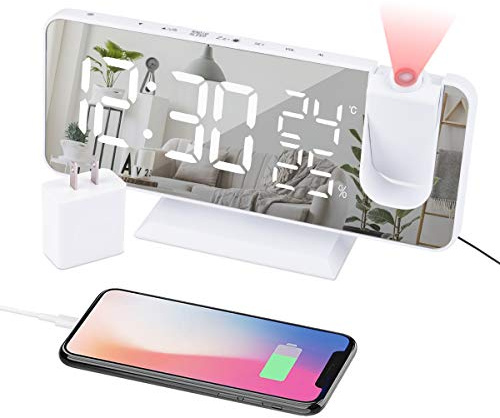 EVILTO Projection Alarm Clock for Bedroom Ceiling Digital Clock Radio with USB Charger Ports, 7.3 Large LED Screen, 4 Dimmer, Dual Alarm Clock with 2 Sounds, Snooze, White