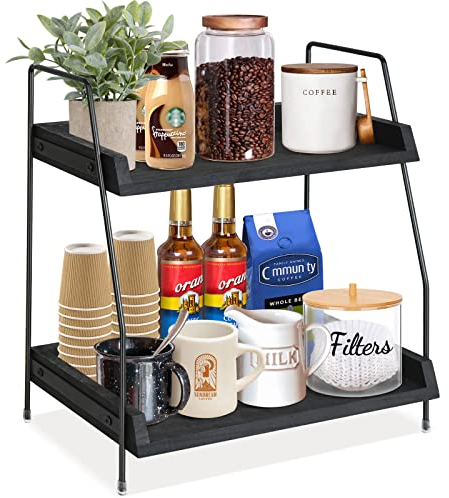 Megsooul Organizer per accessori da bar e piano di lavoro, per caffetterie, mensola, per caffè, condimenti, coperchio per tazze, ripiano per bagno (nero)