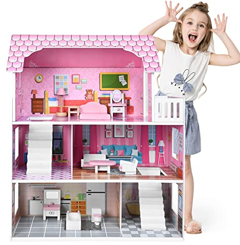 ACXIN Casa de muñecas de madera con muebles y accesorios, 3 niveles, fácil de montar, segura y respetuosa con el medio ambiente (60 x 24 x 70 cm)