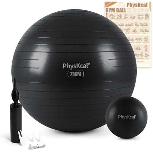 PhysKcal träningsboll yogaboll i 55 cm 65 cm 75 cm 85 cm med 23 cm liten pilatesboll set, anti-crack gym boll, swiss ball för yoga, fitness, kontorsstol - pump och tillbehör ingår