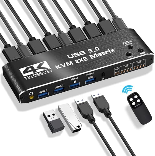 Ozvavzk USB 3.0 HDMI KVM Switch 2 PC 2 Monitore, Simulation EDID 4K60Hz Extended Display HDMI2.0 HDCP2.3, Dual Monitor KVM Switch 2PC Share Tastatur Maus, KVM Switches mit 3.5mm Audioausgang
