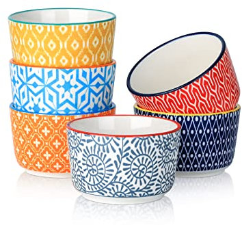 Selamica Kleine Auflaufform, 118 ml Creme Brulee Schälchen, Keramik Souffle Förmchen Backofenfest, Dessertschalen für Pudding, Dip, Eis, 6 Stück, Bunte
