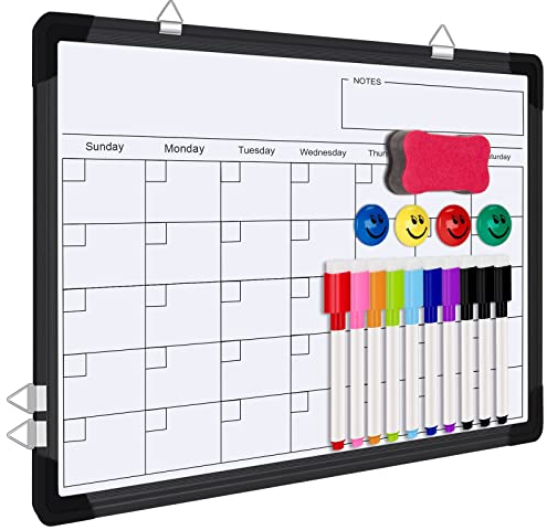 FINEW Whiteboard Magnetisch 40 x 30cm, Whiteboard Klein, Hängende doppelseitige Whiteboards mit Alurahmen inklusive 10 Stifte, 1 Schwamm, 4 Magnete (Schwarz)