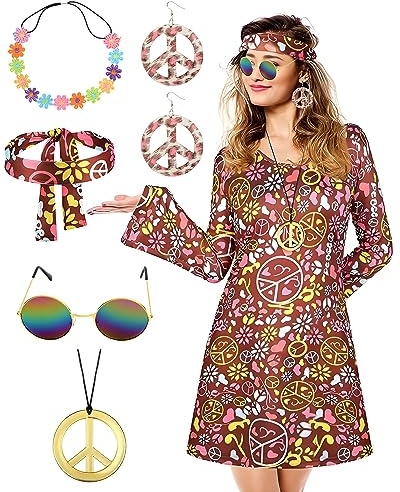 BIQIQI Costume Hippie des Années 70 pour Femme avec Accessoires, Tenue Discothèque, Deguisement Hippie Femme, Costume des Années 70 et 60, Robe Année 70, Carnaval, Mascarade(XXL)