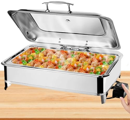 BOVDC Chafing Dish Electrico, 9L Calentador de Comida Electrico para Buffet Acero Inoxidable, Chafing Dish Buffet Temperatura Regulable con Tapa Visible(A, Full Pan)