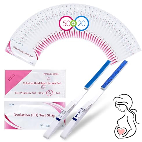 50 Test Ovulazione + 20 Test Gravidanza, Test di Ovulazione e Gravidanza， Aumenta le tue Probabilità di Rimanere Incinta, Monitoraggio Attendibile del Ciclo e del Periodo Fertile (50 LH +20 HCG)