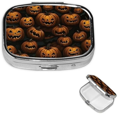 Pillendose mit Halloween-Kürbis-Muster, quadratisch, für Geldbörse, Tasche, 3 Fächer, Medikamenten-Organizer, kleiner Metall-Pillenbehälter, tragbare Reise-Pillendose für Vitaminpräparate