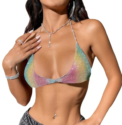 SOUTHJIELING Sujetador de cuello halter con diamantes de imitación arcoíris brillantes para mujer, camisola sin espalda, para club, fiesta, cuerpo, joyería, top corto