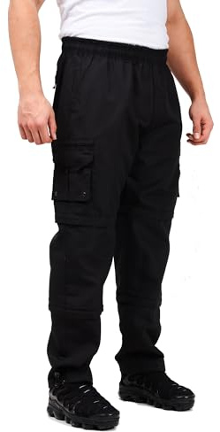 LABEL APPAREL Men's 3-in-1 Zip-Off Cargo Trousers – Convertible Combat Pants to 3/4 Shorts, Elasticated Waist Workwear Bottoms (M–3XL) Black