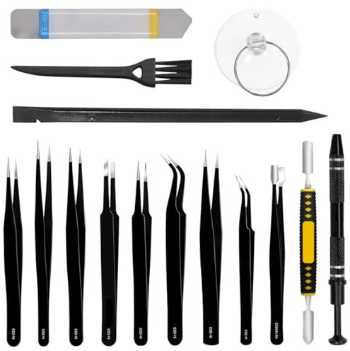 ZHUROUPU 15Pcs Precision Tweezers Set, Stainless Steel Electronic ESD Tweezers, Anti-static Industrial Soldering Tweezers 4 Prong Diamond Claw Tweezers for DIY, Jewelry, Electronics, Laboratory Work