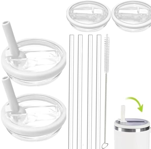 2 Pack 40 oz Tumbler Flip Straw Lid Replacement fit for Stanley Quencher, Spill Proof Splash Resistant Tumbler Lids, Reusable Tumbler Cover Sets with 4 Straws and 1 Cleaning Brush(pure white, 40oz)