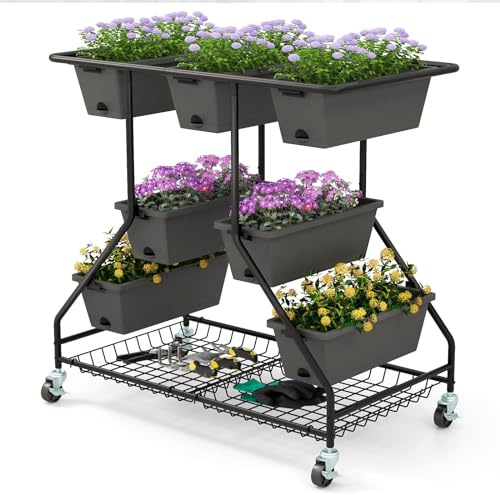GOPLUS Blomställ med 3 nivåer, trädgårdsbädd med 7 planteringslådor och dräneringshål, blomtrappa med rullar, blomrabatt med förvaringsyta, planteringsrabatt, växttrappa, grönsaksbatt för grönsaker