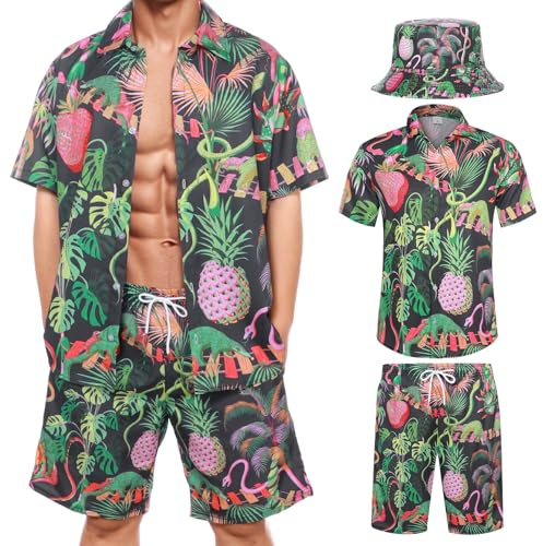 Joyesplay Camisa hawaiana para hombre, 3 piezas, traje hawaiano para hombre con camisa de flamenco, pantalones cortos, sombrero de pescador, camisa hawaiana para hombres, conjunto de verano para playa