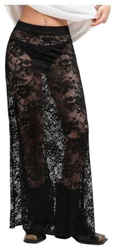 Milumia Women's Sexy Sheer Mesh Lace Maxi Skirt Y2k See Through Flowy Long Skirt Black Medium