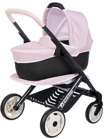Smoby - Maxi-Cosi 3-in-1 Puppenwagen, Tragekorb + Buggy - für Puppen bis 42 cm (Nicht enthalten) - frei drehbare Vorderräder, Stauraumkorb - ab 3 Jahren - Stabiler Metallrahmen, produziert in Spanien
