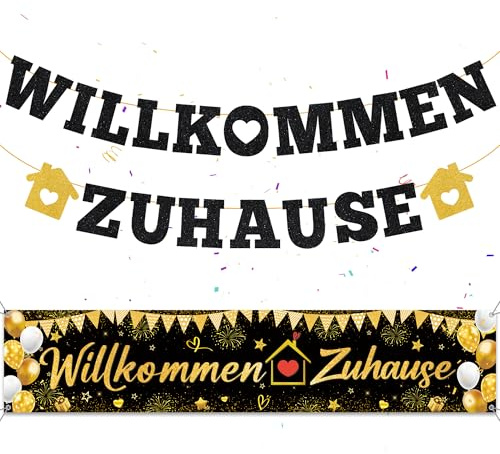 Welcome Back Hintergrund Banner Deko - Schwarzes Gold Willkommen Zuhause Banners Girlande Dekorationen Indoor Outdoor, Lange Welcome Back Backdrop Banner für Heimkehr Familie Rückkehr Familienfeiern
