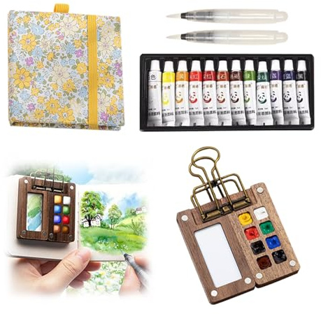 5 Pcs Mini Watercolour Paint Set Travel, Portable Travel Painting Set, 8 Grids Travel Watercolour Paint, Lid Foldable Wooden Palette with Watercolor Pen Sketchbook Metal Clip for Painters Artists