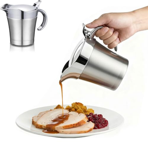 Insulated Gravy Jug, Stainless Steel Gravy Boat with Lid, Double Wall Sauce Jug for for Milk, Custard, Cream, Roast Dinner & Holiday Tableware, 450ml