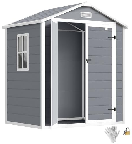Outsunny Casetta da Giardino Porta Attrezzi in Finitura Effetto Legno Graffiato con Pavimento, 2.12m² Capanno da Giardino con Doppia Porte e Serratura, Tetto Inclinato, 183x134x210 cm, Grigio