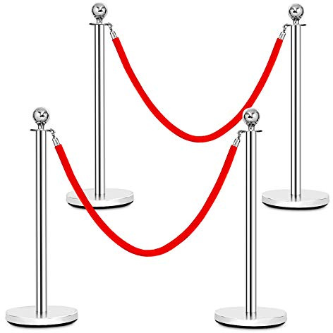 COSTWAY Personenleitsystem, 4 Abgrenzungsständer mit 2 Kordeln, Absperrständer Absperrpfosten Gurtpfosten Absperrung, Silber, Edelstahl