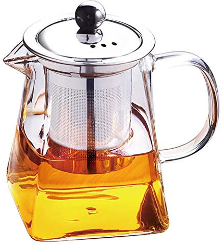 Tebery Tetera de cristal transparente con infusor de acero inoxidable resistente al calor y tapa, perfecta para té y café, 750 ml