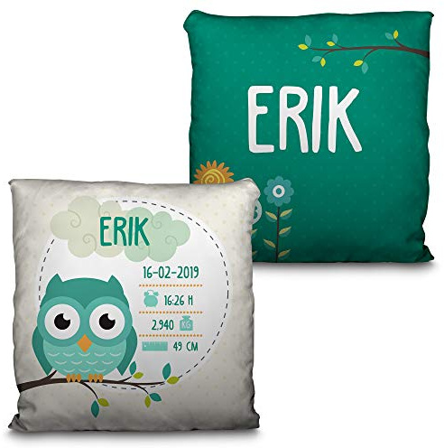 LolaPix Cojín Personalizado con Nombre. Regalo bebé. Regalo Personalizado con Nombre. Fecha/Inicial. Cojín con Relleno Incluido. Varios diseños. Natalicio Búho