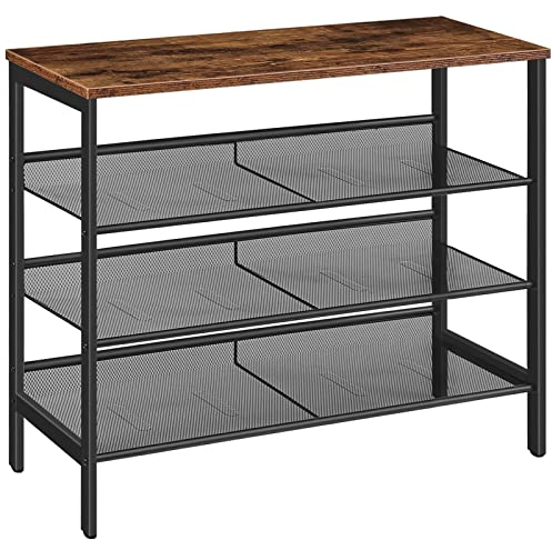 HOOBRO 4-Tier Shoe Rack, Shoe Storage Organizer with 3 Adjustable Mesh Shelves, Metal Frame, Industrial Shoe Rack for Entryway, Bedroom, Hallway, Rustic Brown and Black EUBF14XJ01