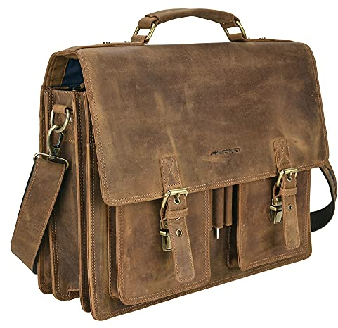 Marc Peter Amsterdam Aktentasche Leder XL Vintage Lehrertasche mit Laptopfach 15,6 Zoll große Ledertasche zum Umhängen Trolley aufsteckbar