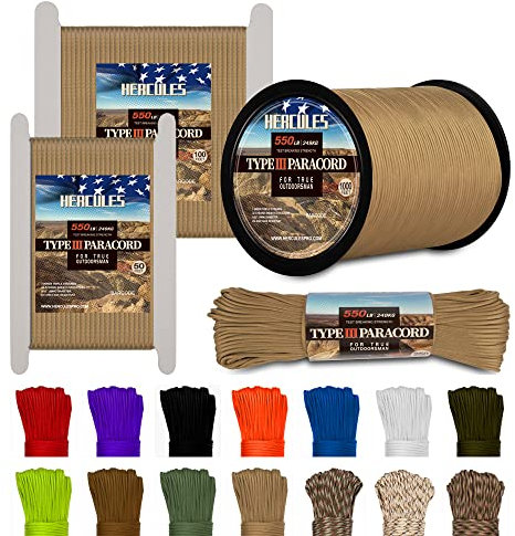 HERCULES Typ III Paracord 550 Paracord Seil Fallschirmschnur, 50' Desert Tan für Campingseil, Überlebensseil