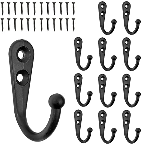 Haken zum Schrauben, 12 Stück, in Schwarz, Außen 42 x 27 x 13 mm, Einzelhaken inkl. Holzschrauben, Garderobenhaken für Tür, Bad, Küche, Flur, DIY Metallhaken, Mantelhaken, Huthaken, Wand Schraubhaken