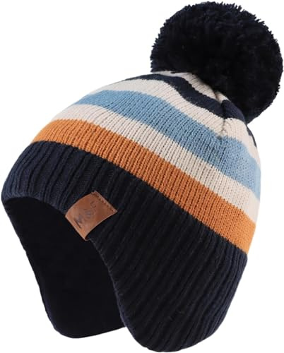 Malaxlx Bonnet Pompon Rayé Bleu Marine pour Enfant - Bonnet d'hiver Chaud avec Oreilles en Fleece pour Enfants de 4 à 8 Ans Filles et Garçons