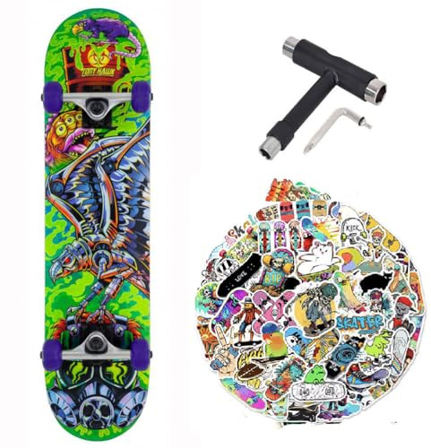Skateboard completo Tony Hawk PROFESSIONALE Serie Principiante 7.5 + tool multiuso + 50 stickers lucidi (Toxic 7.5 - tool - 50sticks, 7.5)