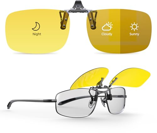 Goiteia Gafas fotocromáticas de conducción nocturna con clip para hombres y mujeres, abatibles, antirreflejos de faros delanteros/bombillas LED, protección UV400, 60 x 40 mm (clip de conducción