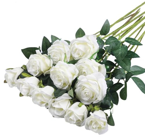 PacuM 12 stycken konstgjorda rosor sidenblommor falsk ros 51 x 7 cm vit | Individuella långskadade konstgjorda rosor realistiska konstgjorda rosor för brudbukett frieriansökan fest hus trädgård dekor