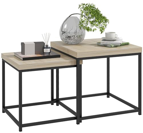 HOMCOM Coffee Table Set of 2, Square Nest of Tables with 3.5cm Thick Tabletop and Steel Frame, Modern Side Tables for Living Room, Oak