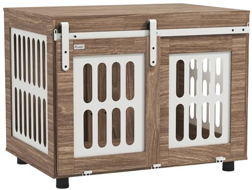 PawHut Jaula para perros con puerta corredera, caseta para perros de tamaño mediano, buena ventilación, mesa lateral con patas ajustables, 80 x 59 x 63 cm, nogal