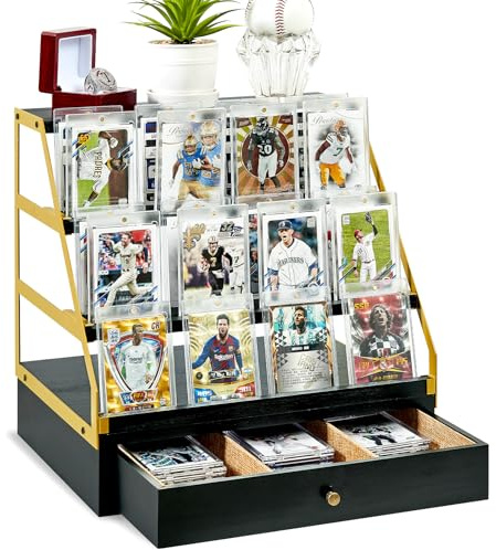 Poyilooo Trading Card Display, 3-Tier Baseball Card Storage with Drawer, Wood Graded Card Display, Sports Card Display Case for Card Game Collection-Trading Card Holder Christmas Gifts (Blackgold)
