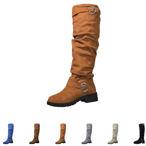 Bottes de cowboy pour femme en daim - Bottes hautes pour femme - Bottes western à plateforme avec boucle - Bottes longues à enfiler - Bottes d'équitation rétro - Talon bloc - Semelle profilée - Bottes