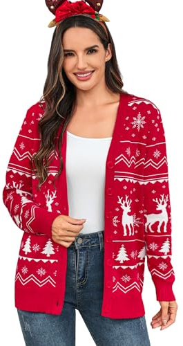 Aottori Cardigan Donna con Motivo Albero di Natale Stampa 3D Lavorato a Maglia con Bottoni Maglione Giacca Natalizia Maniche Lunghe Scollo a V Aperta Cardigan Giacca Divertente Leggero Rosso L