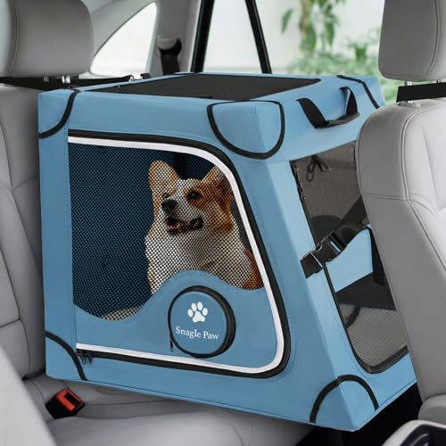 Snagle Paw Portable Dog Crate for Car Travel,Metal Frame Pet Crate,Pet Carrier for Car Back Seat Secures with Headrest Strap and Seatbelt,M