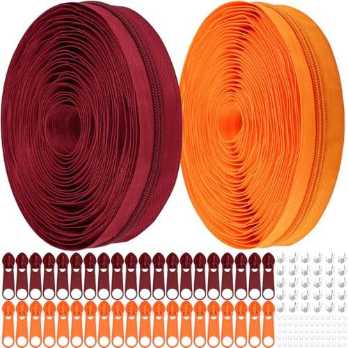 Cremallera sin fin con cremallera, 5 mm de nailon de 18 m, cremallera continua por metros y cremallera de metal para ropa, bolso, estuche, ropa de cama (burdeos y naranja, #5)